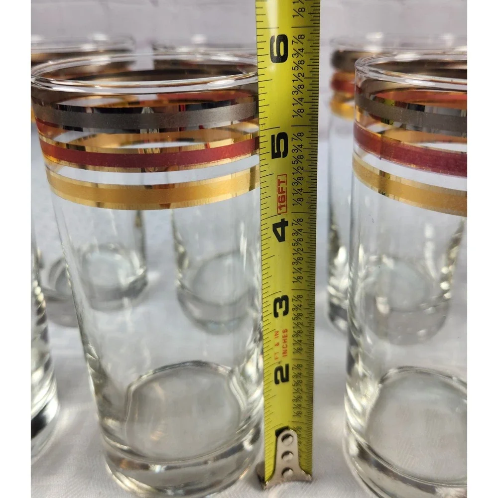 Set Of 8 Culver LTD Gold Banded Rondo 12 Oz. MCM Tall Drinking Bar Glasses 5.5